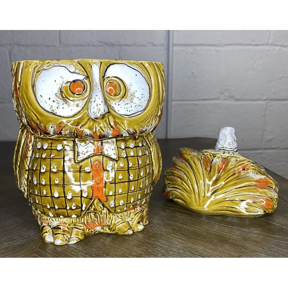 Vintage Owl Cookie Jar Italy Pottery Midcentury Bowtie Glasses Mustard Yellow‎